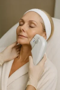 Woman receiving HIFU non surgical facelift treatment Sunbury-on-Thames
