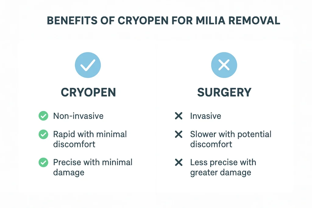 Benefits of cryopen for milia removal Sunbury-on-Thames compared to surgical treatments.