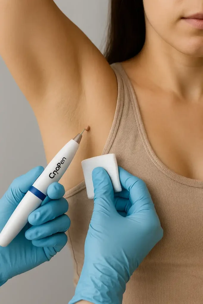 woman having cryopen to remove underarm skin tags Sunbury-on-Thames