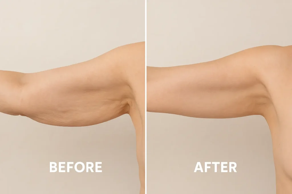 Picture of LA LIPO Sunbury-on-Thames before and after results of skin tightening treatment on the upper arms.