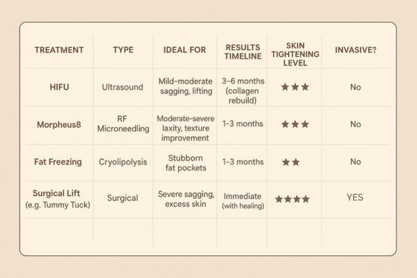 Table showing the comparisons of Skin tightening Sunbury-on-Thames treatment options.
